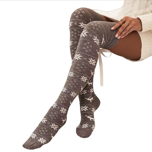 Christmas Knit Stockings With Snowflake Print (Long , High Socks with Satin Bow) - Picture 4 of 4